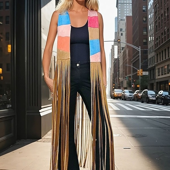 2-0312 *Boutique* Sunrise On The Sahara Boho Fringe Vegan Suede Vest - Picture 4 of 4